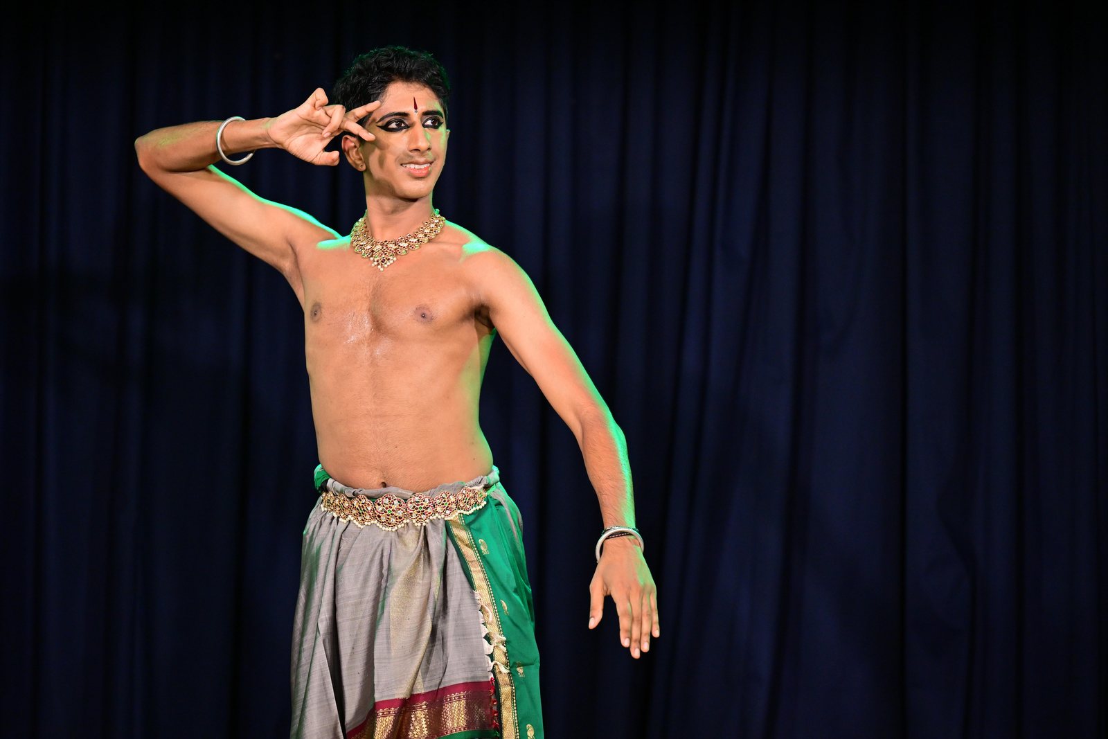 Vivek Ramanan in classical costume performing a mudra